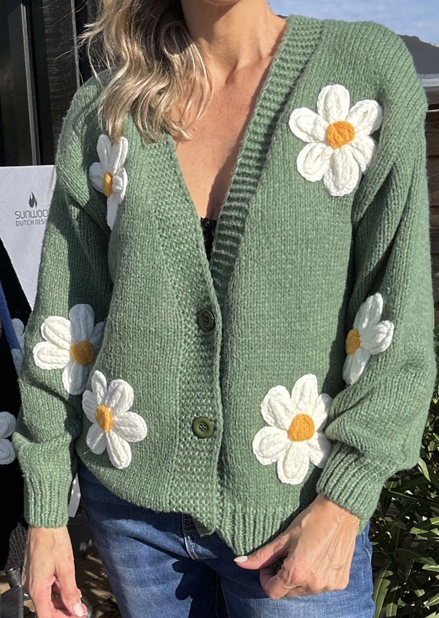 Strik<Gown Isa Margurit Cardigan 2398 Med Handlavet Blomster Green