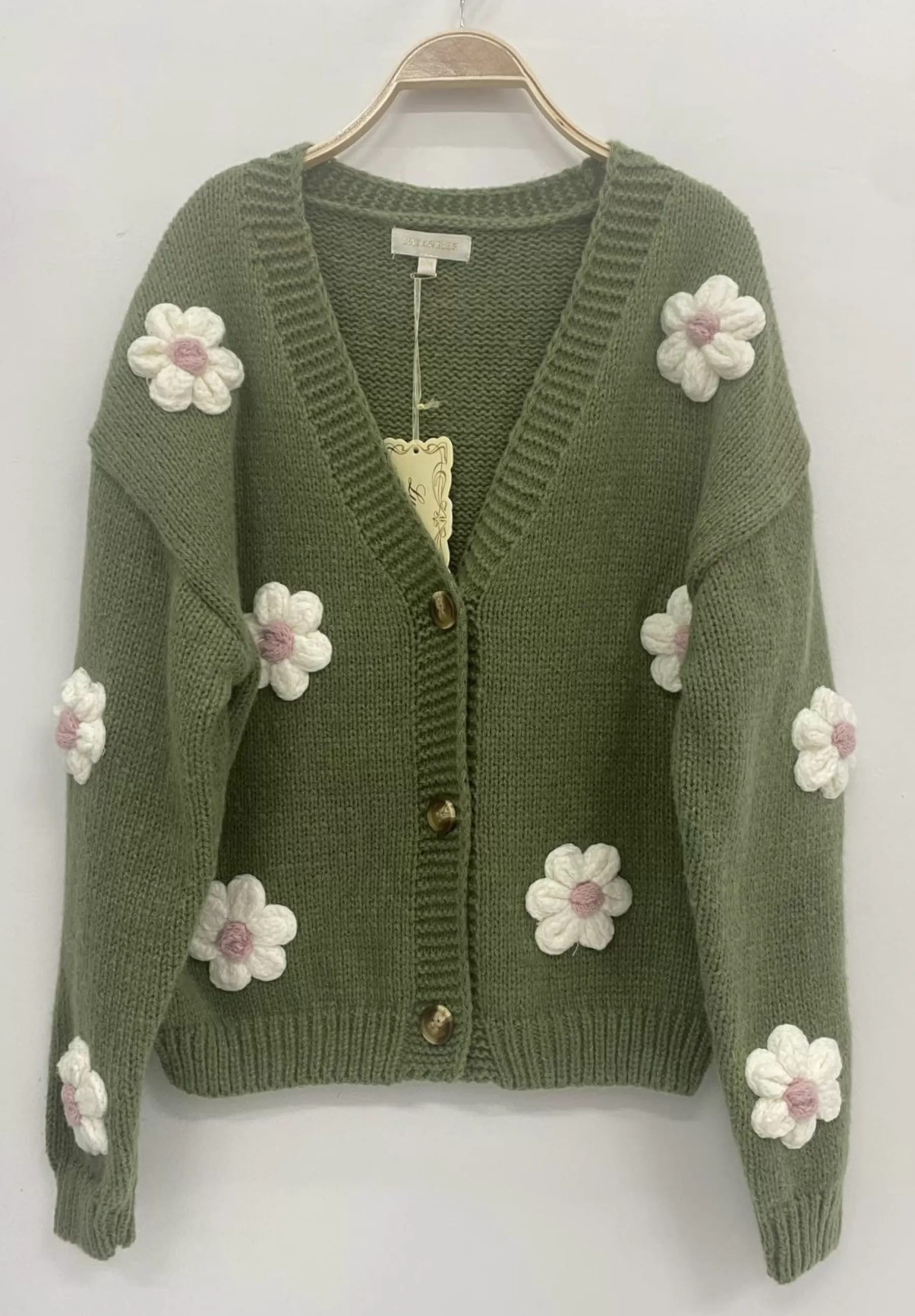 Strik<Gown Isa Margurit Cardigan Med Handlavet Blomster Army