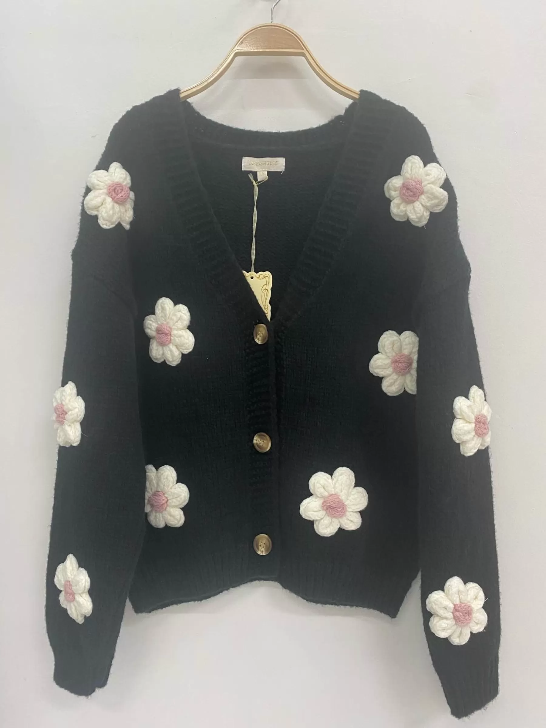 Strik<Gown Isa Margurit Cardigan Med Handlavet Blomster Black