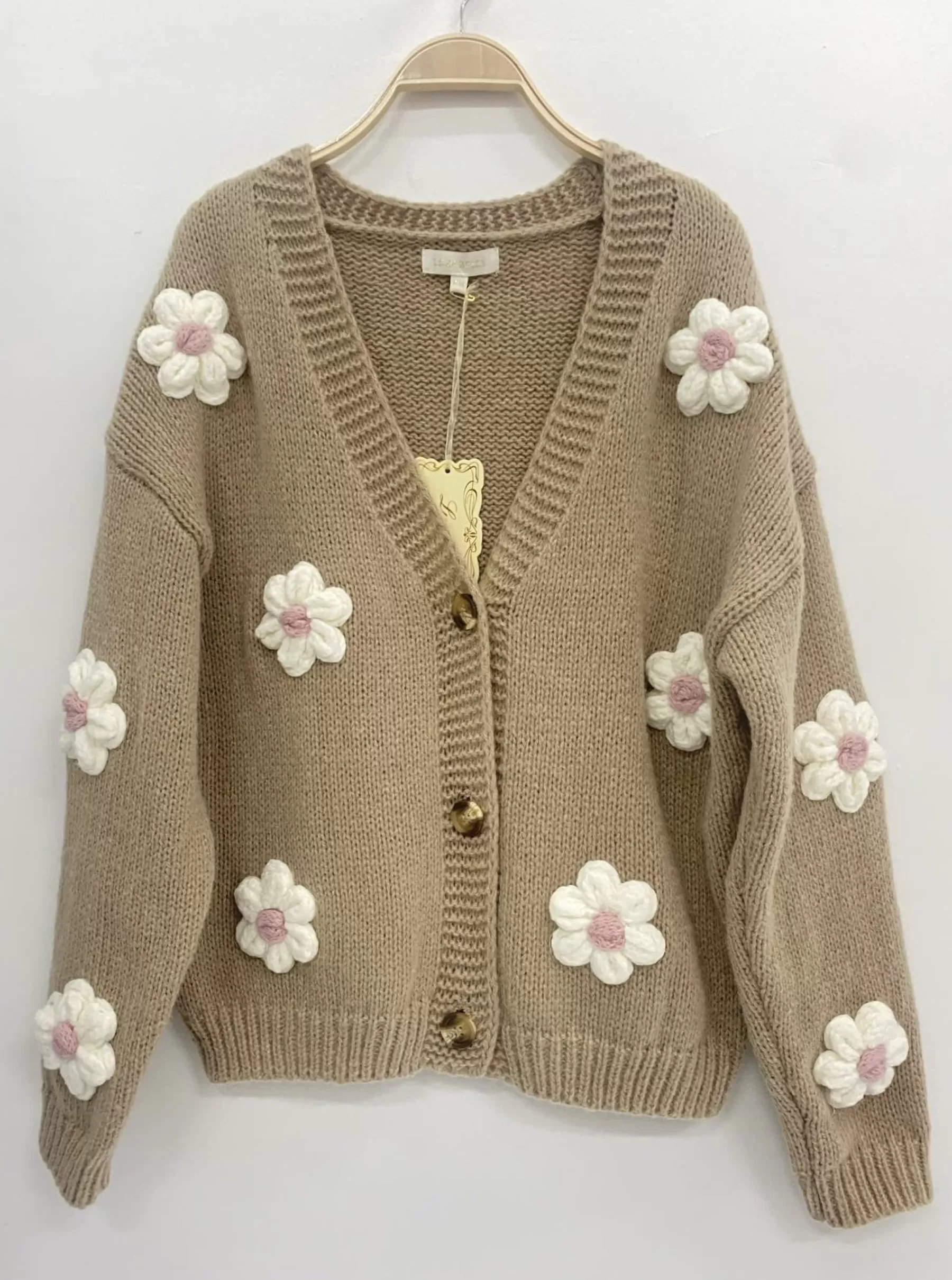 Strik<Gown Isa Margurit Cardigan Med Handlavet Blomster Camel